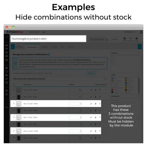 Module Hide product attributes and combinations pour PrestaShop