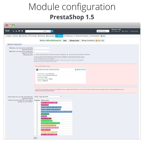 Modulo Pagamento offline/manuale con carta di credito/debito per PrestaShop