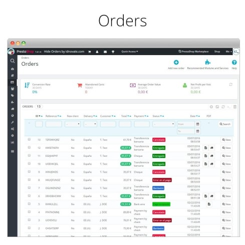 Oculta los pedidos - Oculta los pedidos por estado-Modul für PrestaShop